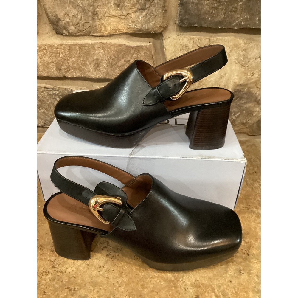 Aerosoles Shayla Black Platform Slingback Clogs Square Toe Gold Buckle Heel 8.5M